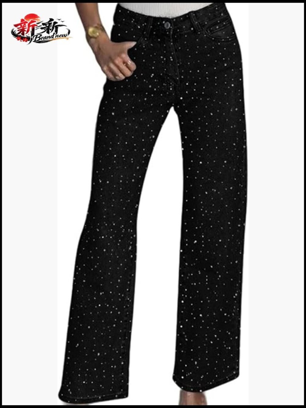 High Waisted Rhinestone Jeans Straight Wide Leg Denim Pants Sparkly Glitter